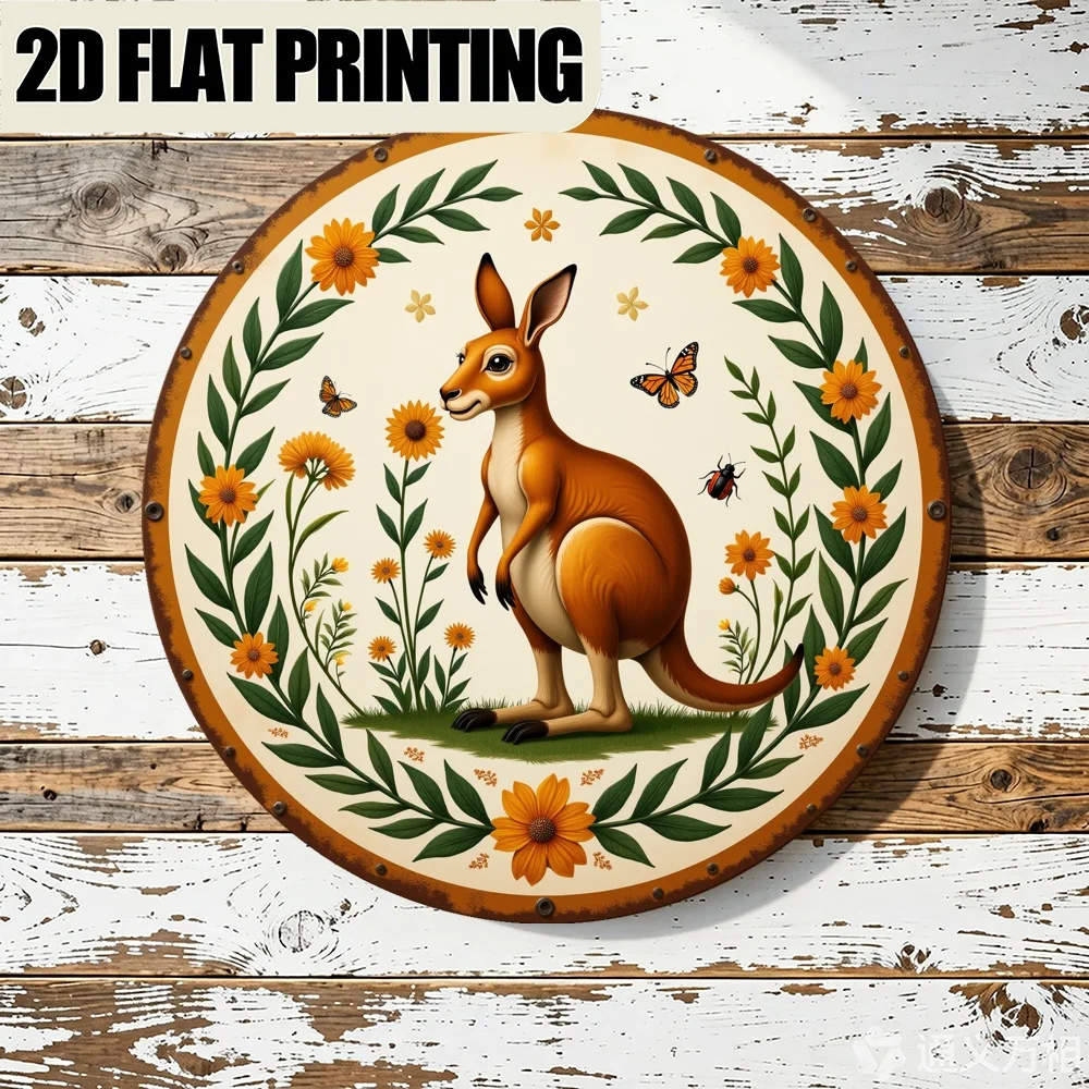 Retro Style Kangaroo Wreath Round Metal Wall Decor, 11.81x11.81 Inch Floral Sign for Home Kitchen Office Party Decoration