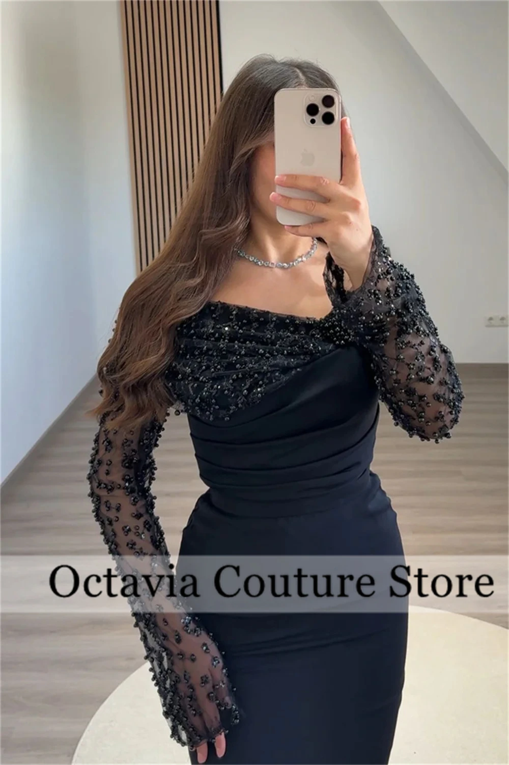 Schwarze Abendkleider, Perlen, Pailletten, Anlass, Abschlussballkleid, lange Ärmel, individuelles Abschlussball-Partykleid, Hochzeit, Robe De Bal فستان