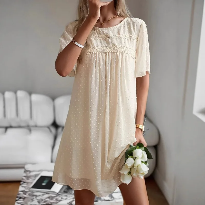 

2025 Summer Women's Solid Color Dress Round Neck Short Sleeve Casual Lazy Dress Women's Wear