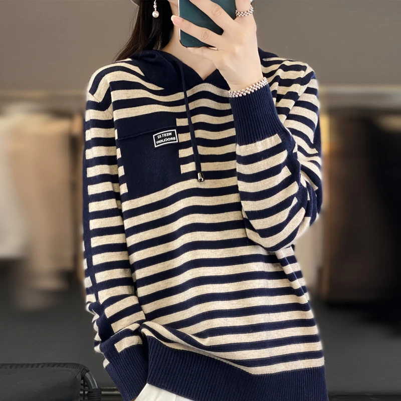 2024 women\'s cashmere sweater striped loose long sleeved sweater women\'s sweater women\'s cashmere women\'s loose women\'s pullover