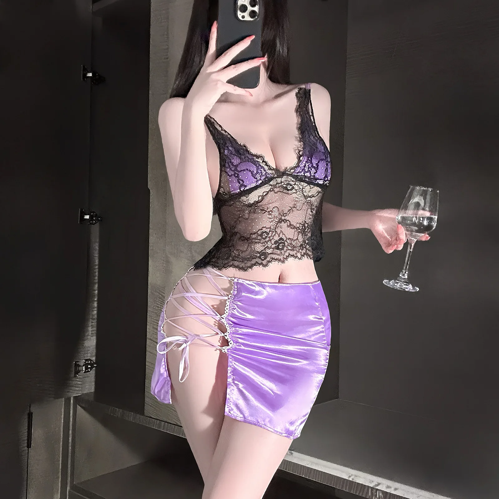 

New Deep V See Through secretary Office Cosplay Lace Seductive Uniform Style Underwear for Women Sensual Dress Temptation Set