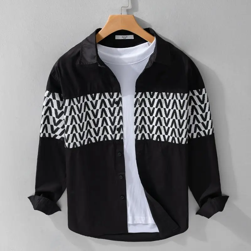 

Spliced printed Long-sleeved Shirt Men's Spring Casual Loose Comfortable Color-blocking Shirt