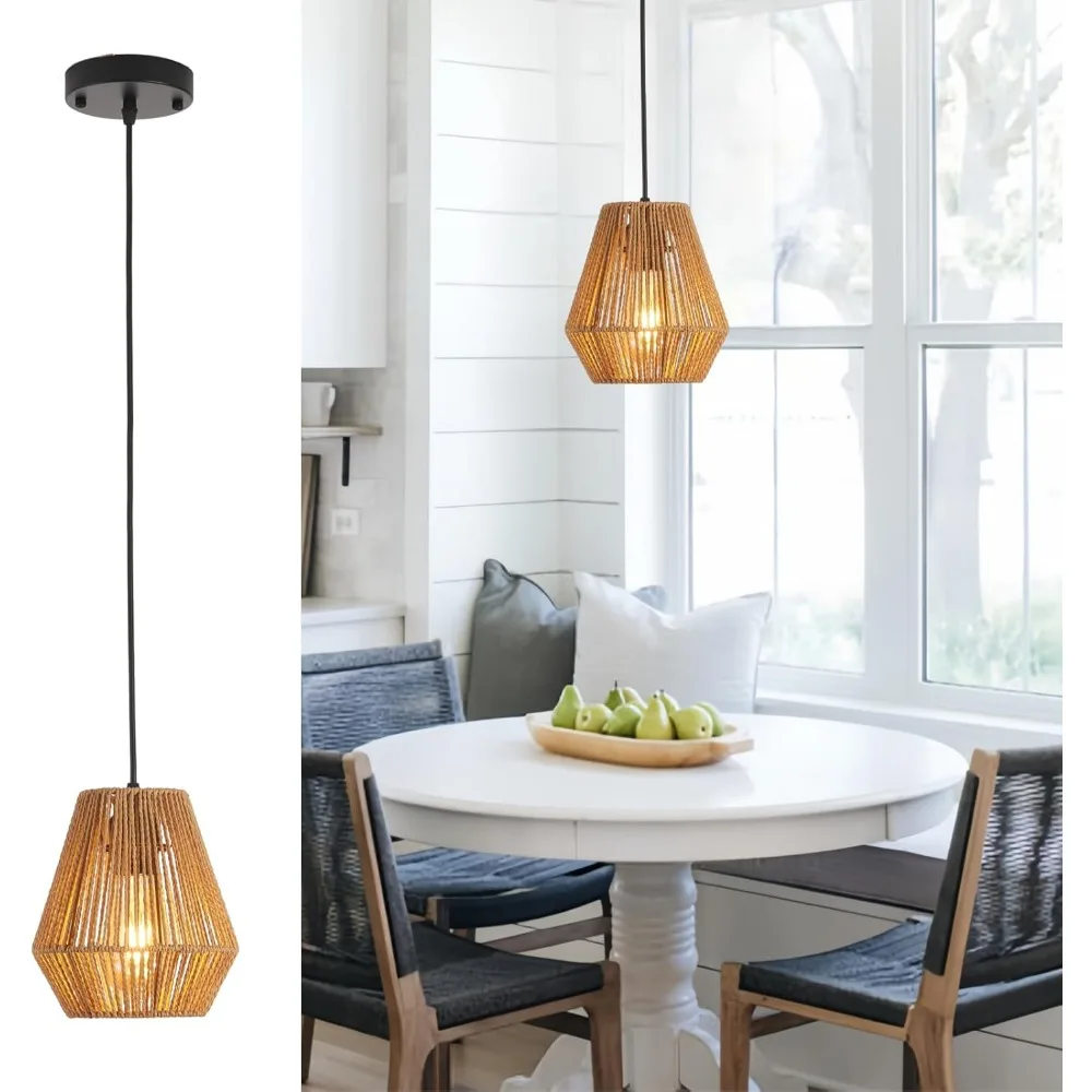 18cmボヘミアンシャンデリア、モダンな吊り下げランプ、編み込みラタンシェード付き、キッチンアイランド、ダイニングルーム、廊下用ペンダントライト