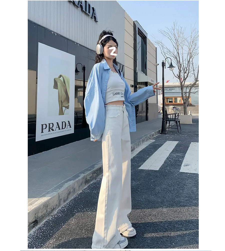 

White Floor-Length Straight Jeans for Women, Spring and Autumn Design, Raw Edge High-Waisted Loose Wide-Leg Pants