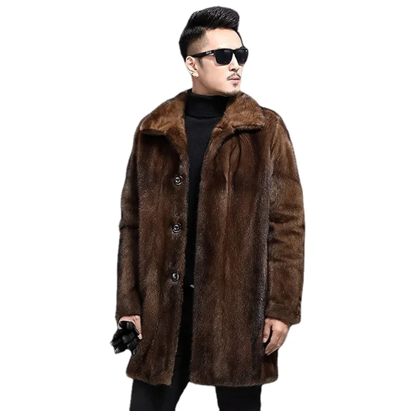 2020 New Oversized Imitation Mink Men's Fur Jacket Medium Length Long Sleeved Lapel Warm Casual Button Slim Fit Coat C26