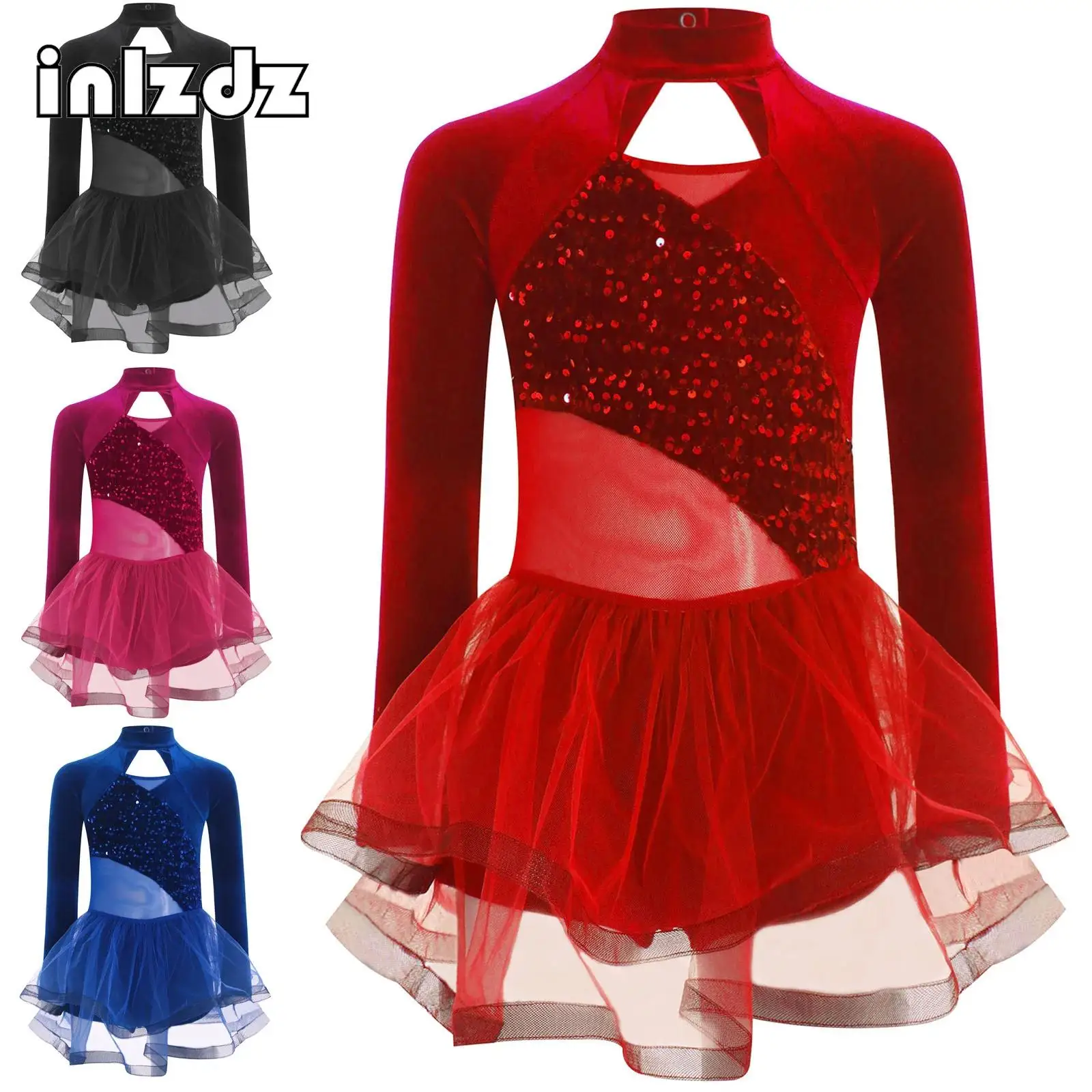 

Girls Elegant Ballet Dress Winter Long Sleeve Dance Dress Velvet Sequin Gymnastics Practice Dance Tights Leotard with Tutu Skirt