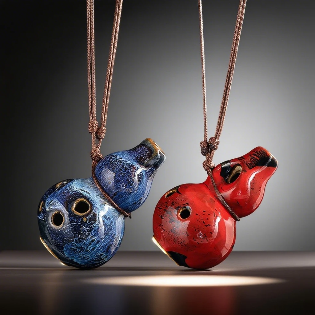 Ocarina 7 Hole Ceramic Red Glaze Gourd Shaped Wind Instrument with Rope for Beginners Music Lovers and Decorative Home Display