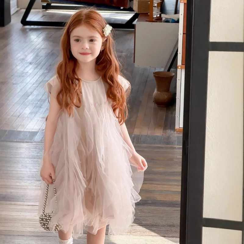 2025 Spring Summer New Korean Girls' Dress Super Fairy Children's Splicing Mesh Skirt Elegant Princess Dress