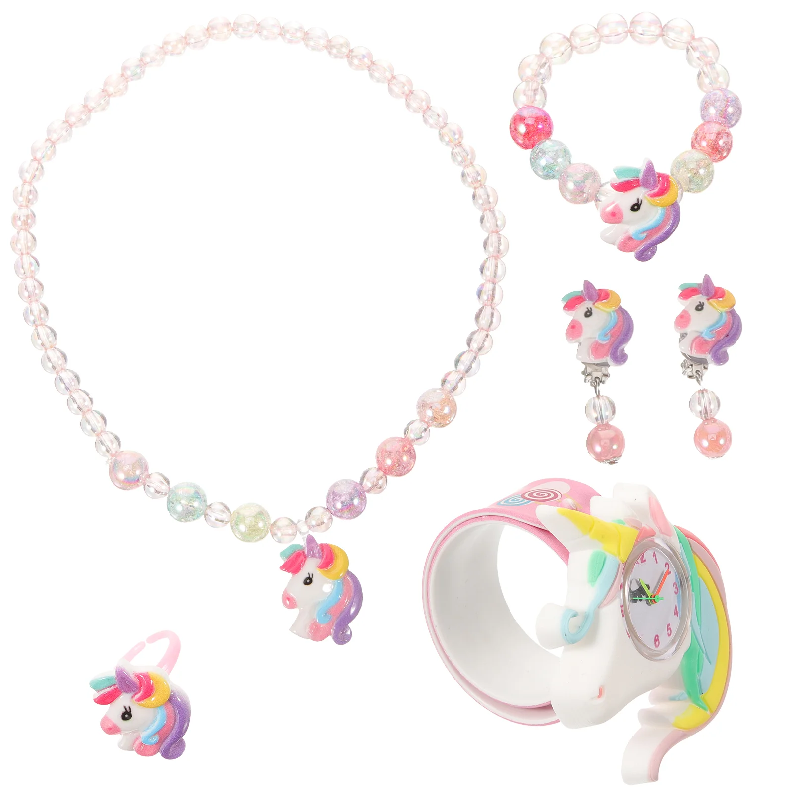 Modisches Einhorn-Set, süßer Silikon-Snap-Ring + Armband, Halskette, Ohrringe, für Mädchen, kleine Geschenke, Uhren, Schmuck