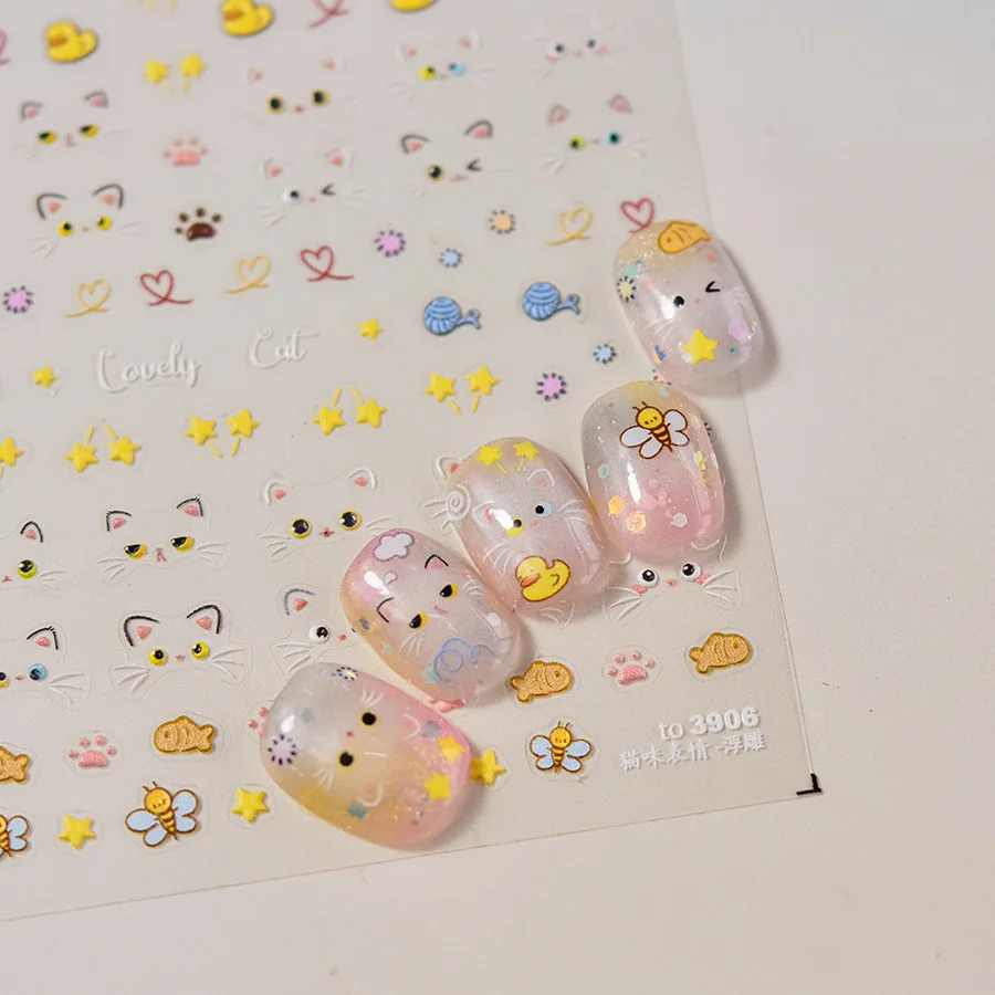 1pc Cute Cat Expression Cartoon Nail Art Stickers 3d Ultra-Thin Half Transparent Adhesive DIY Manicure Decals Decoration