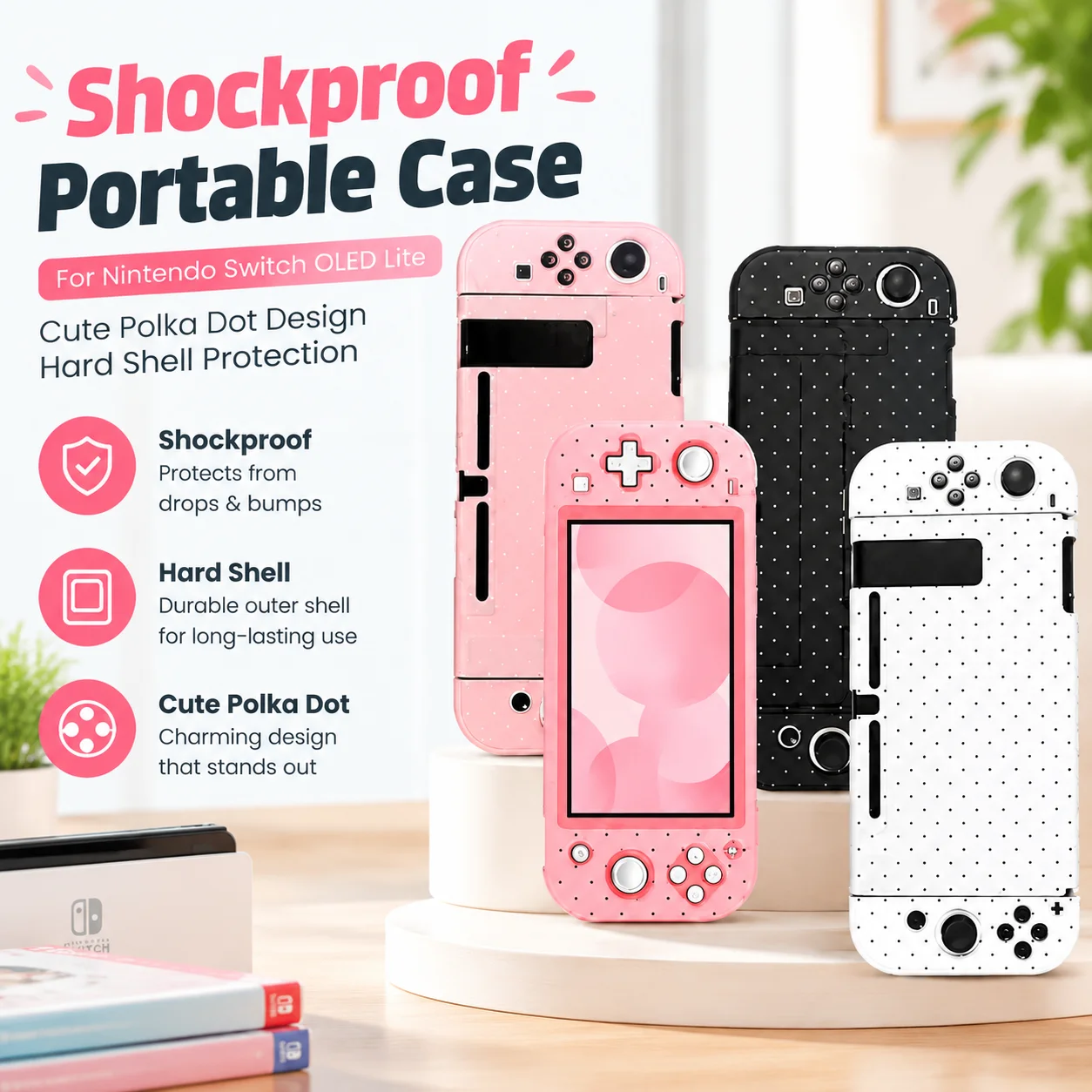 Shockproof Portable Hard Shell Protective Case with Cute Polka Dot Design Compatible with Nintendo Switch OLED Lite Console