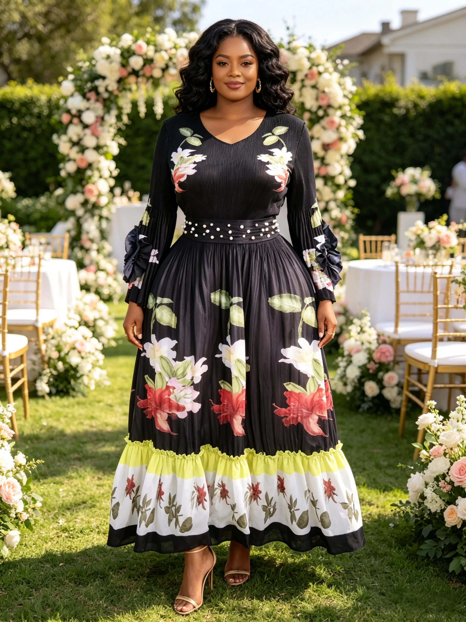 Miyake Pleated Plus-Size Dress for Women, Rhinestone-Embellished Waist-Cinching Printed Long-Sleeve Gown, Elegant Slimming V-Neck Dress for Weddings and Banquets