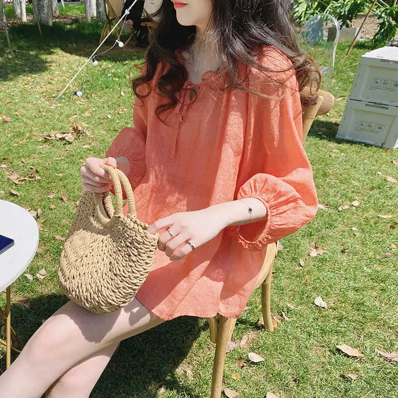 Summer New Korean Loose Shirt Tops Lacing 3/4 Sleeve O-neck Solid Simplicity Thin Sweet Blouse Fashion Trend Women Clothing