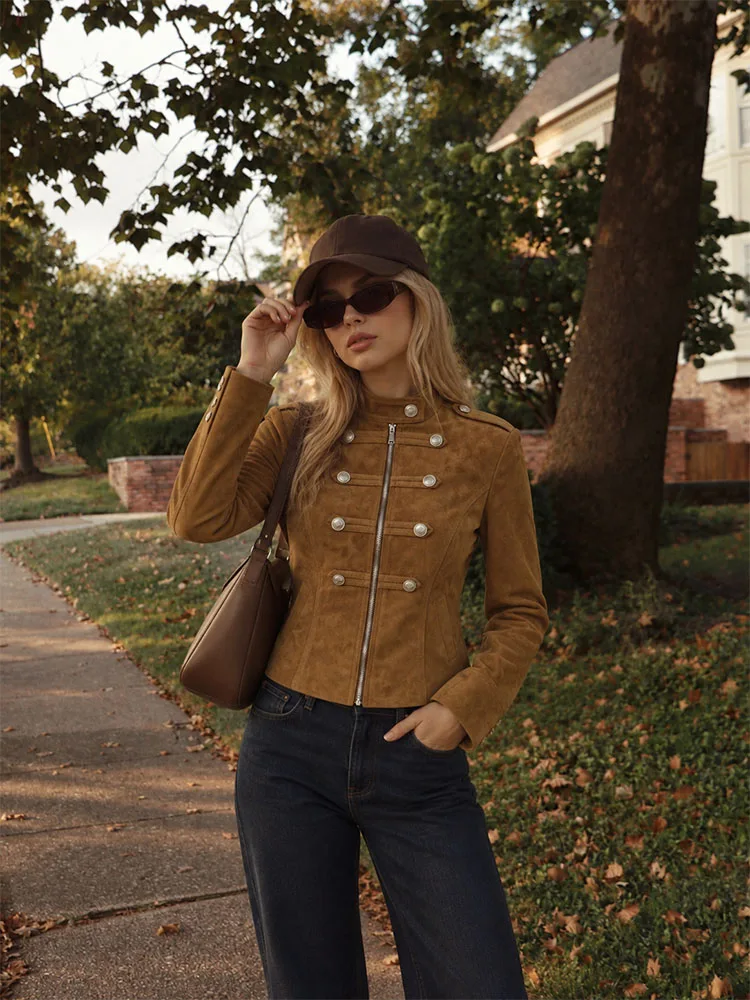 HH Women Vintage Military Style Jacket Brown Suede Look Zip Front Stand Collar Metal Button Short Coat for Casual Wear Fall