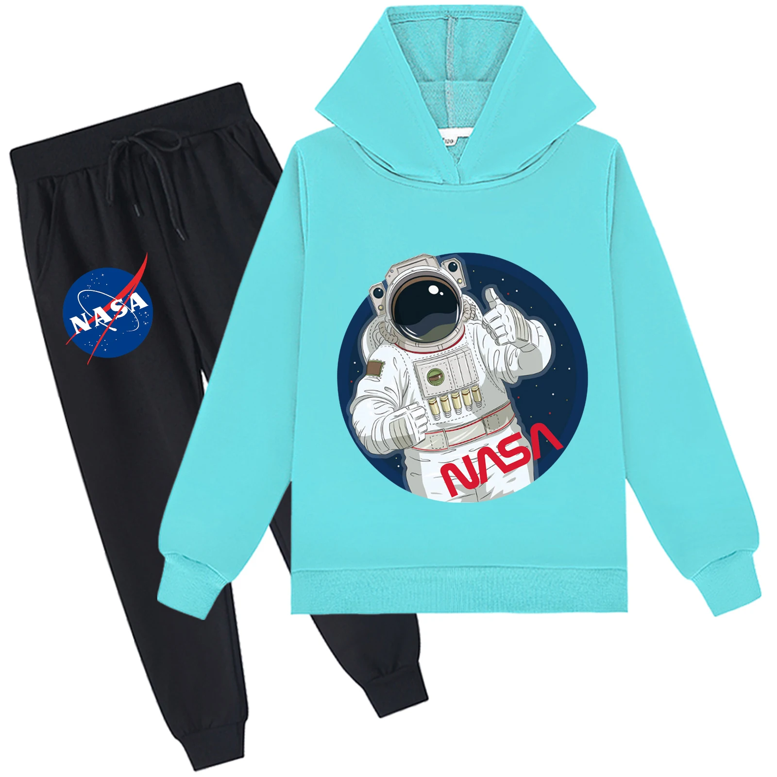 طقم بلوفر مريح من ناسا للمراهقين وبنطلون ركض مكون من قطعتين، هوديس أساسي فضفاض بأكمام طويلة لعمر 2-14 سنة