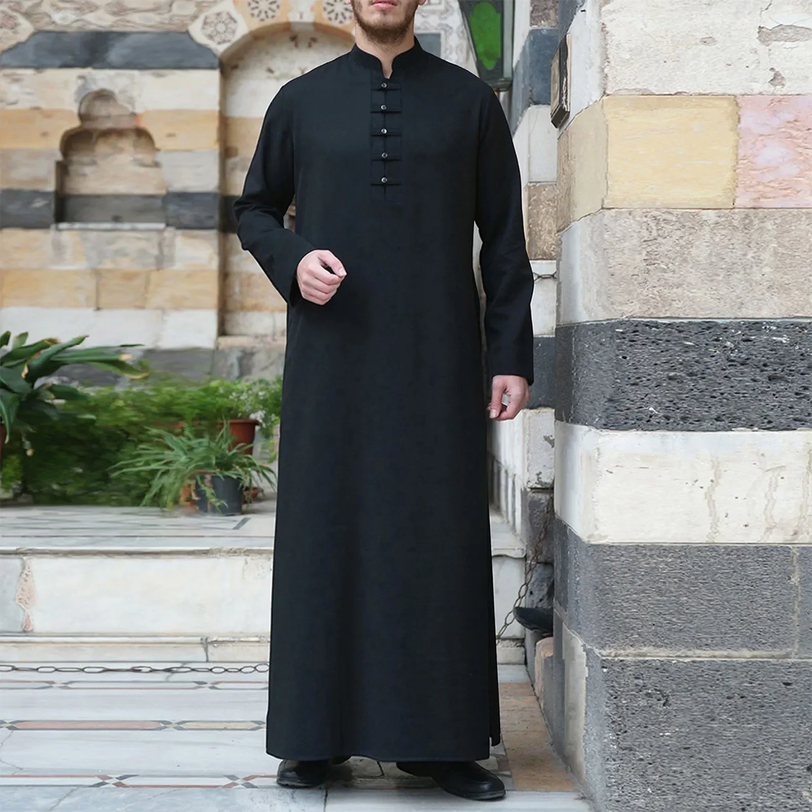 Men's Solid Colour Muslim Robe Simple Fashion Standing Collar Button Islamic Robe Large Size Long Sleeve Arabian Muslim Robe