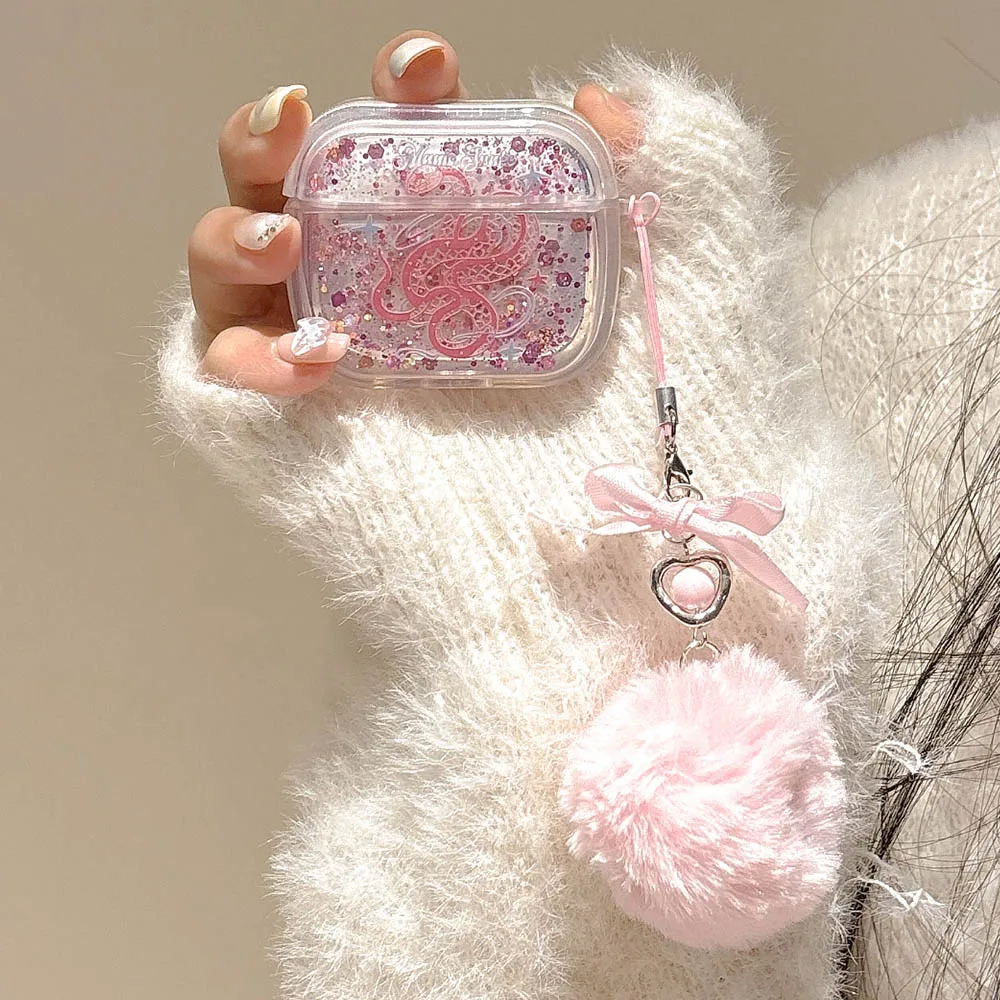 3D Pink Snake Glitter Sequin Happy New Year 2025 Earphone Case Plush Pendant For Apple Airpods 1 2 3 4 Pro 2 Charging Box Cover