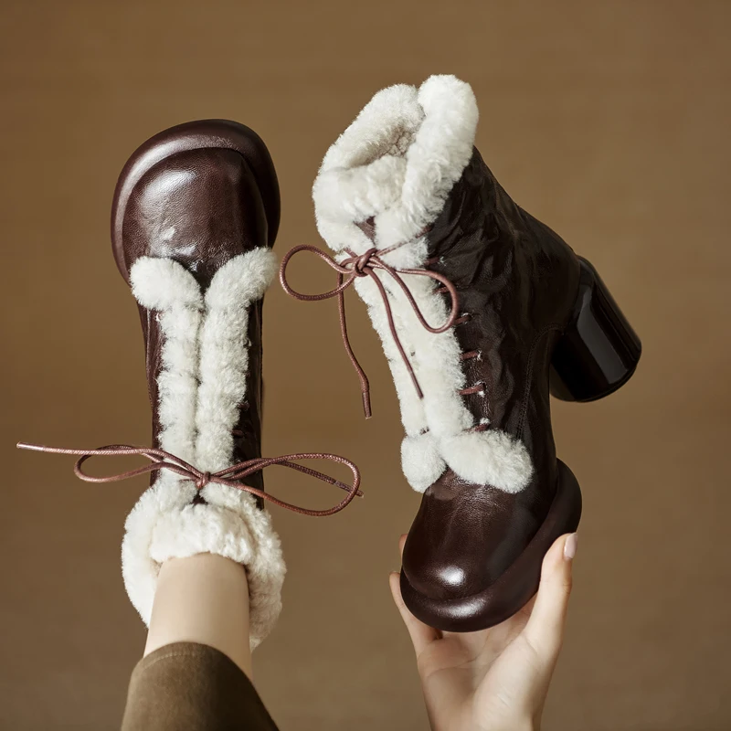 2026new autumn winter women ankle boots natural leather plus size 22-25cm sheepskin+wool thick heel back zip lace up short boots