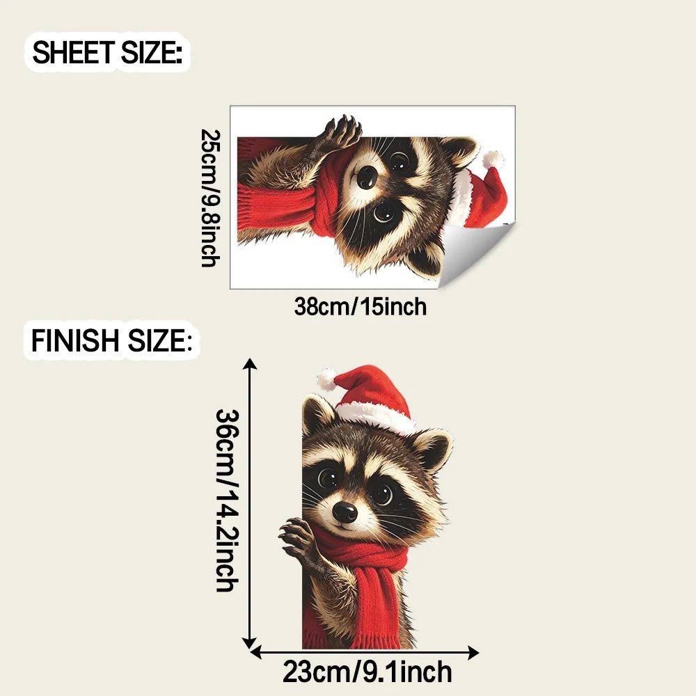 Christmas Simulated Raccoon Wearing Xmas Hat Window Decal, Holiday Decor Sticker for Home Balcony Glass Window Beautification