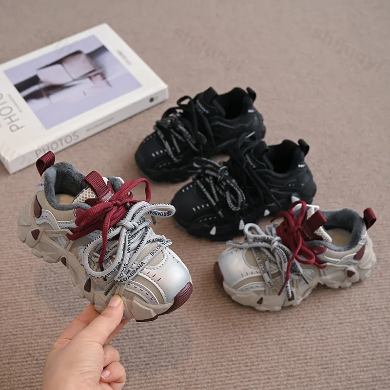 

Зимние детские кроссовки для девочек и мальчиков, теплая повседневная обувь, 2024, спортивная обувь в стиле ретро для отдыха, детская нескользящая удобная хлопковая обувь