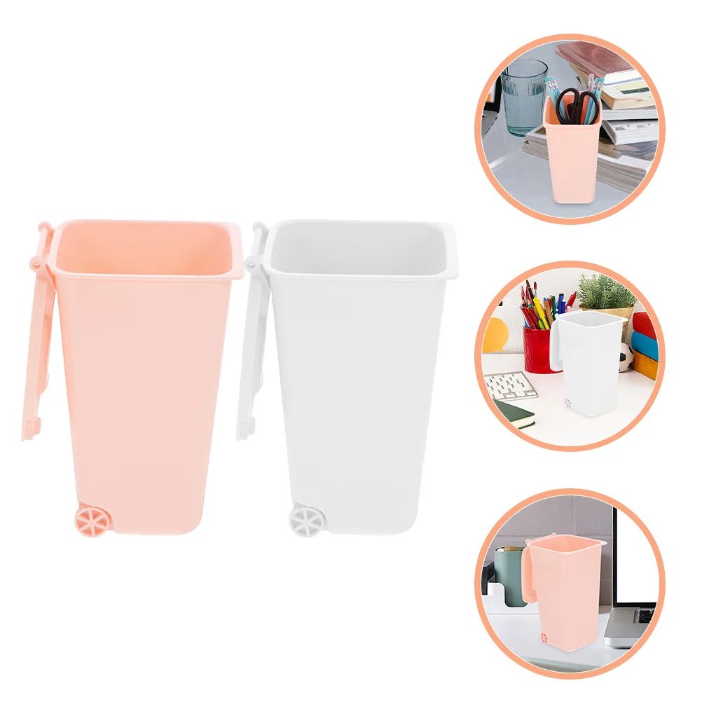 

2Pcs Desktop Trash Can Covered Mini Waste Bucket Portable Pen Holder Home Office Desk Organizer Desk Organizer