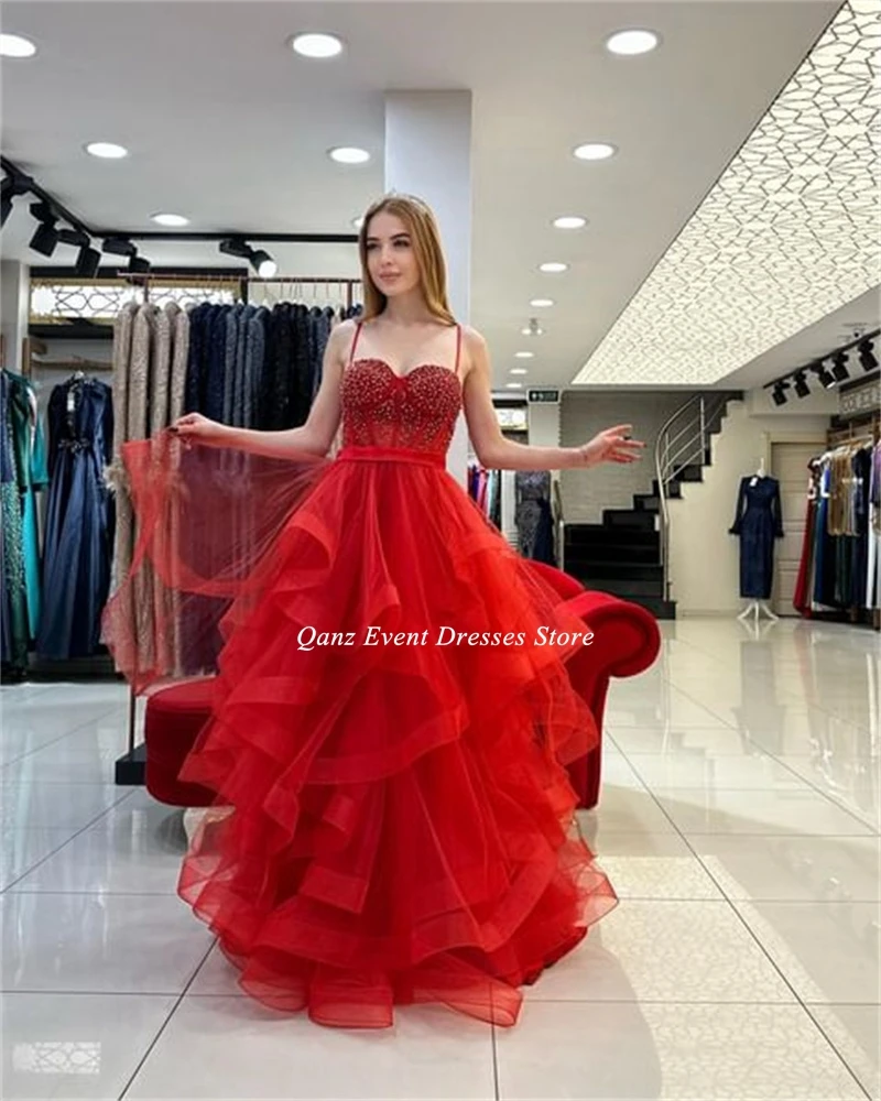 Qanz Vestido De fiesta rojo vestidos De quinceañera tirantes espagueti volantes con cuentas Vestido De tul personalizado De 15 Anos vestidos De fiesta De princesa