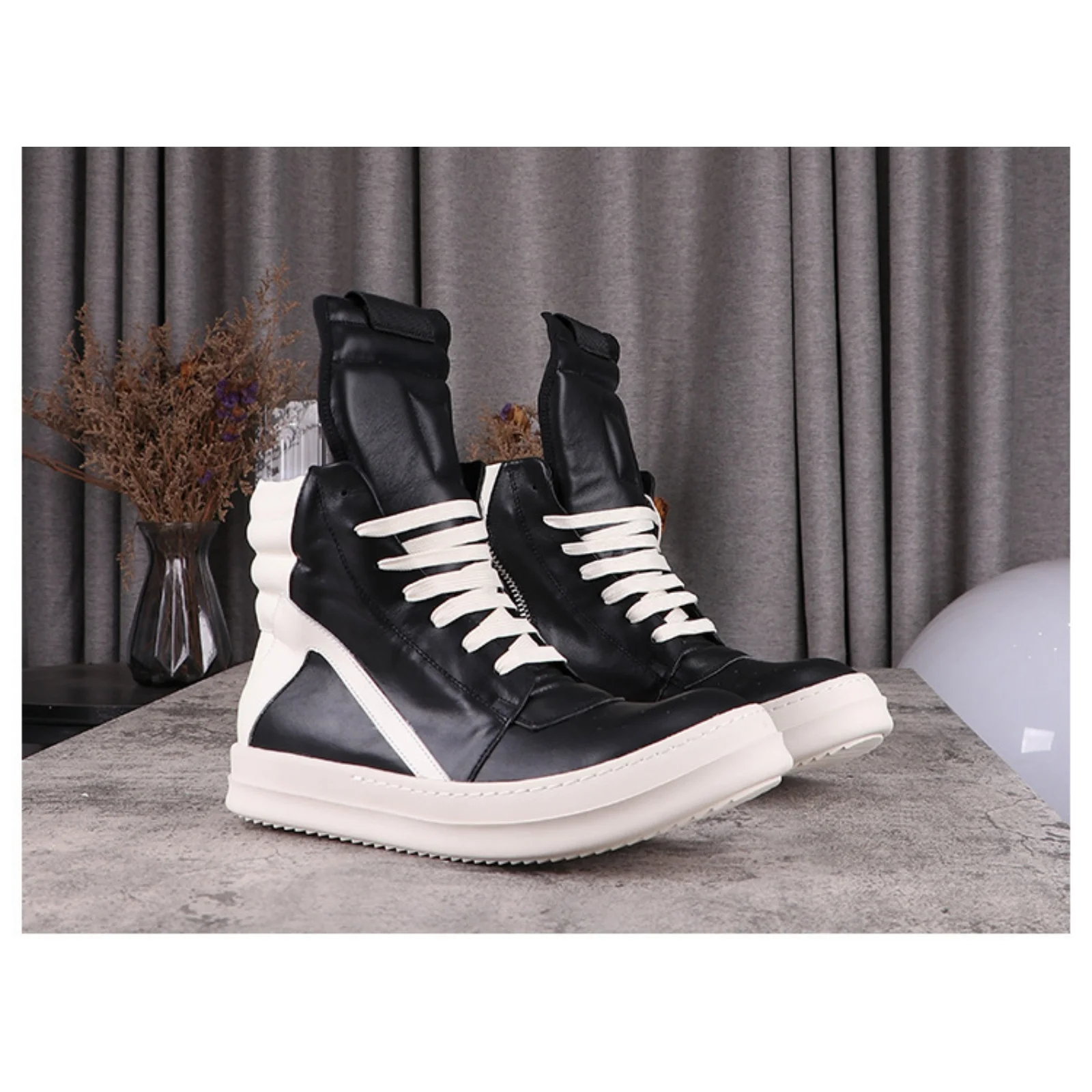 Top Quality Boots Men and Women 35-48 Casual Fashion Punk Goth Real Leather zipper booties Platform soles Trendy High top shoes