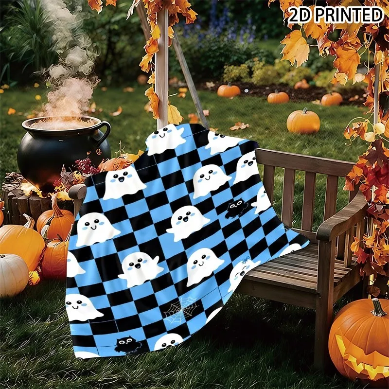 Playful Whimsical Halloween & Owl Print Throw Blanket, Black Blue Checkered Background with Smiling White Ghosts, Small Black Ow