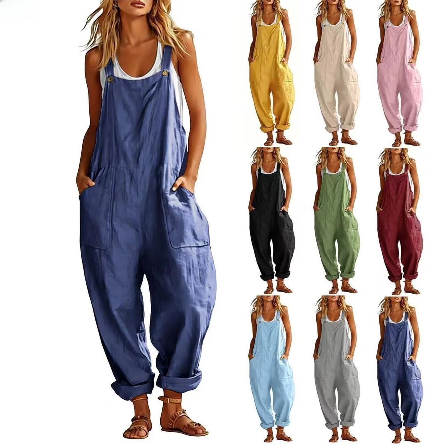 Loose Sleeveless One-Piece Suit for Women LinJ2026 Patch Pocket Long Pants Polyester Fabric Fashionable Three-Piece Set