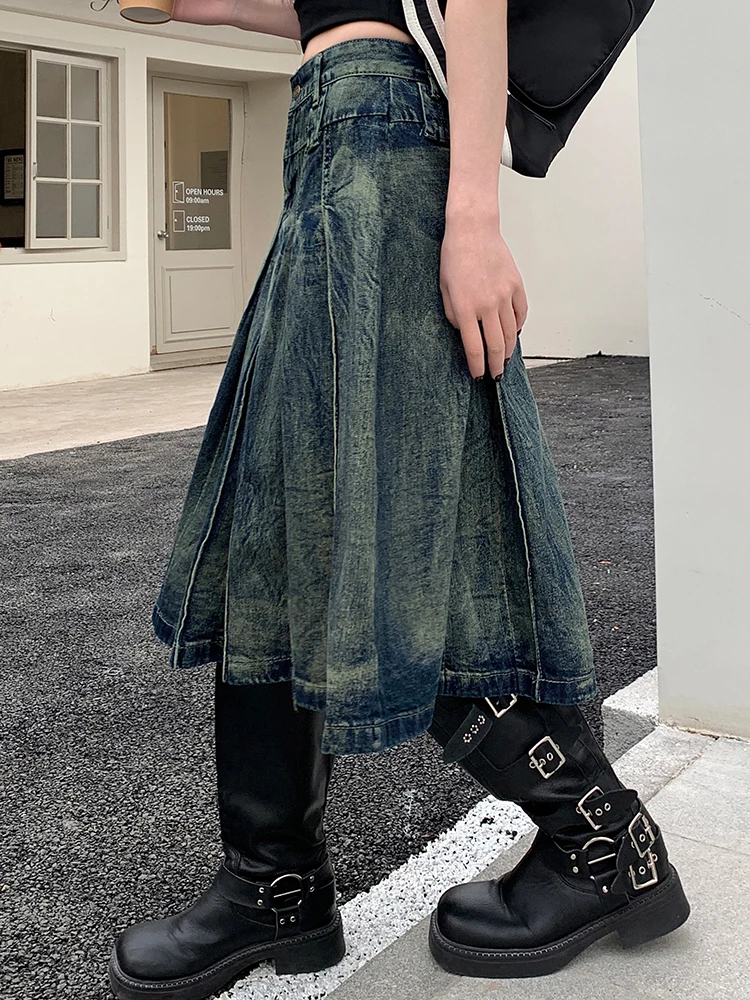 S-4XL Women Jeans Skirts Summer New High Waist A-Line Pleated Loose Casual Blue Midi Denim Skirts Female Streetwear Y2K Jeans