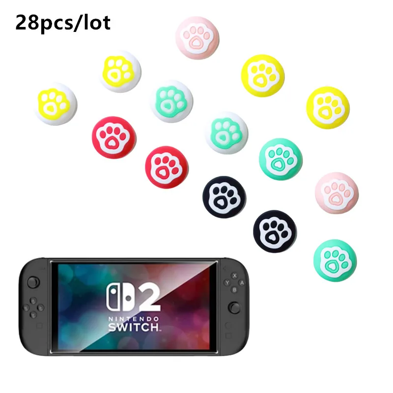 

28pcs/lot Thumb Grip Caps Non-Slip Cute Cat Paw Silicone Joystick Grips Cover For Nintendo Switch 2 (2025) NS2 Joycon Controller