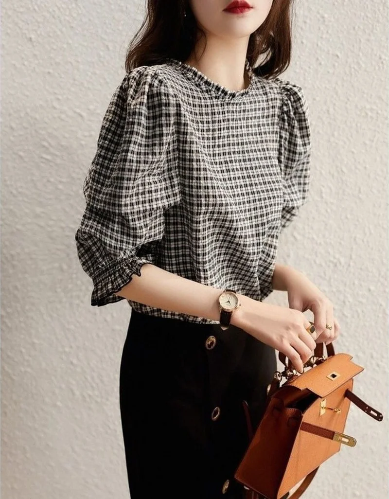 Blouse Woman New Collection 2024 Top Luxury Chiffon Women\'s Plaid Blouse Half Sleeve Pretty and Cheap Women\'s Blouses Vintage