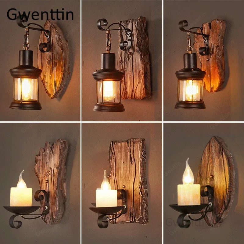 

American Vintage Solid Wood Wall Lamps Kerosene Wall Sconce Light Fixtures Bar Cafe Restaurant Retro Industrial Lamp Loft Decor