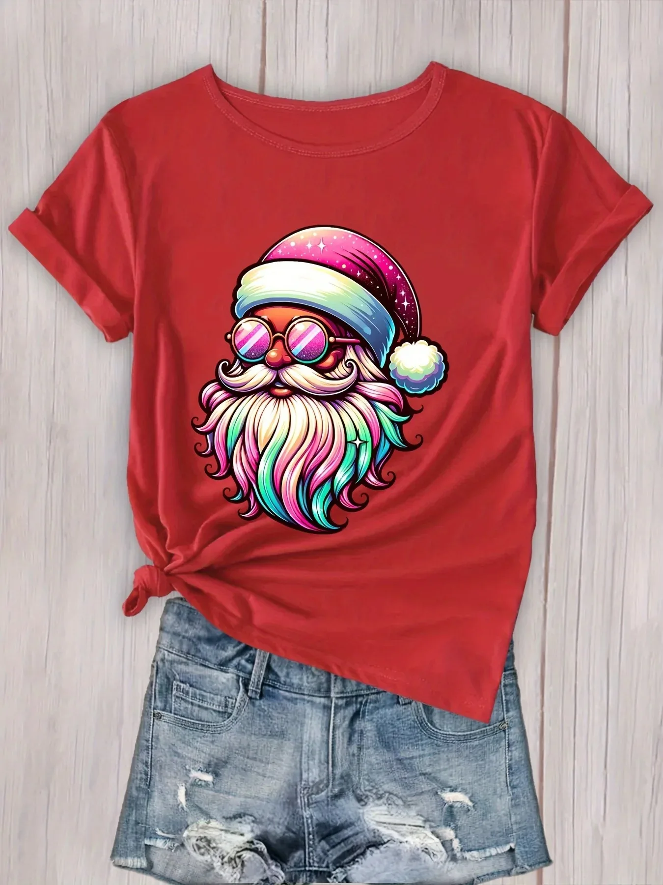 

Festive Christmas Santa Claus Graphic Print T-Shirt Women's Comfortable Round Neck Casual Short Sleeve Activewear Breathable