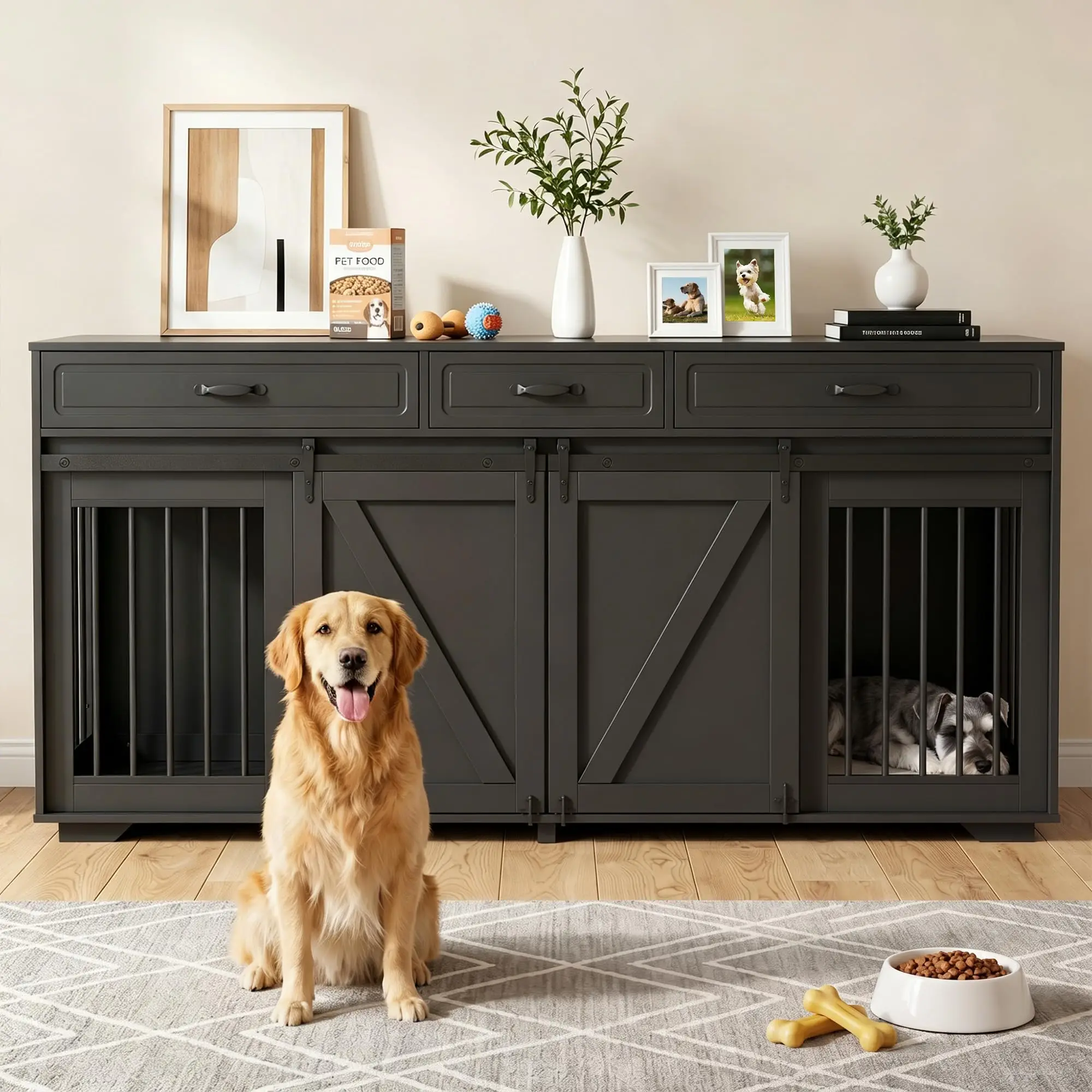 71 in Dog Crate Furniture for Dogs with 3 Storage Drawers Black