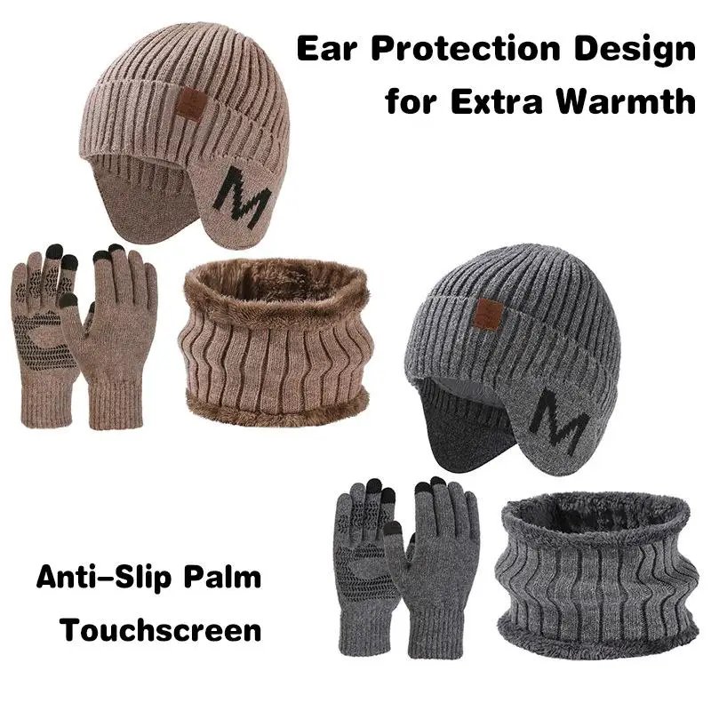 Cycling Winter Beanie Hat Scarf Gloves Set Knit Fleece Lined Neck Warmer Warm Skull Cap for Women & Men