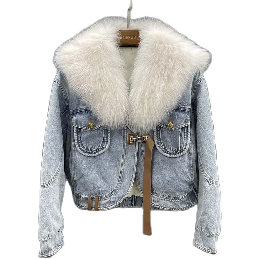 

JANEFUR Denim Down Jackets with Real Fox Fur Collar for Women 2023 Fashion Luxury Warm Short Winter Natural Fur Coat