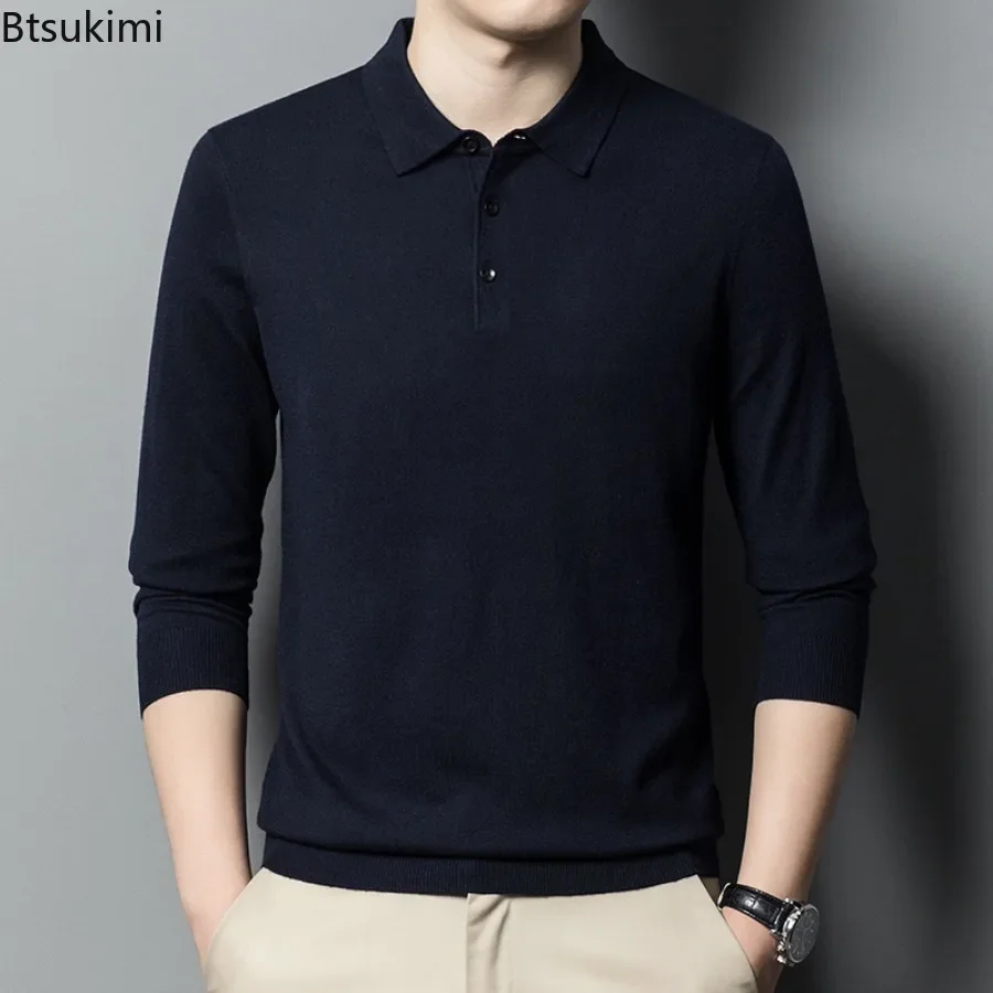 New 2024 Men\'s Casual Cotton Blend Sweater Tops Solid POLO Collar Business Sweater Pullovers Men Simple Wool Knitwear Tops Male