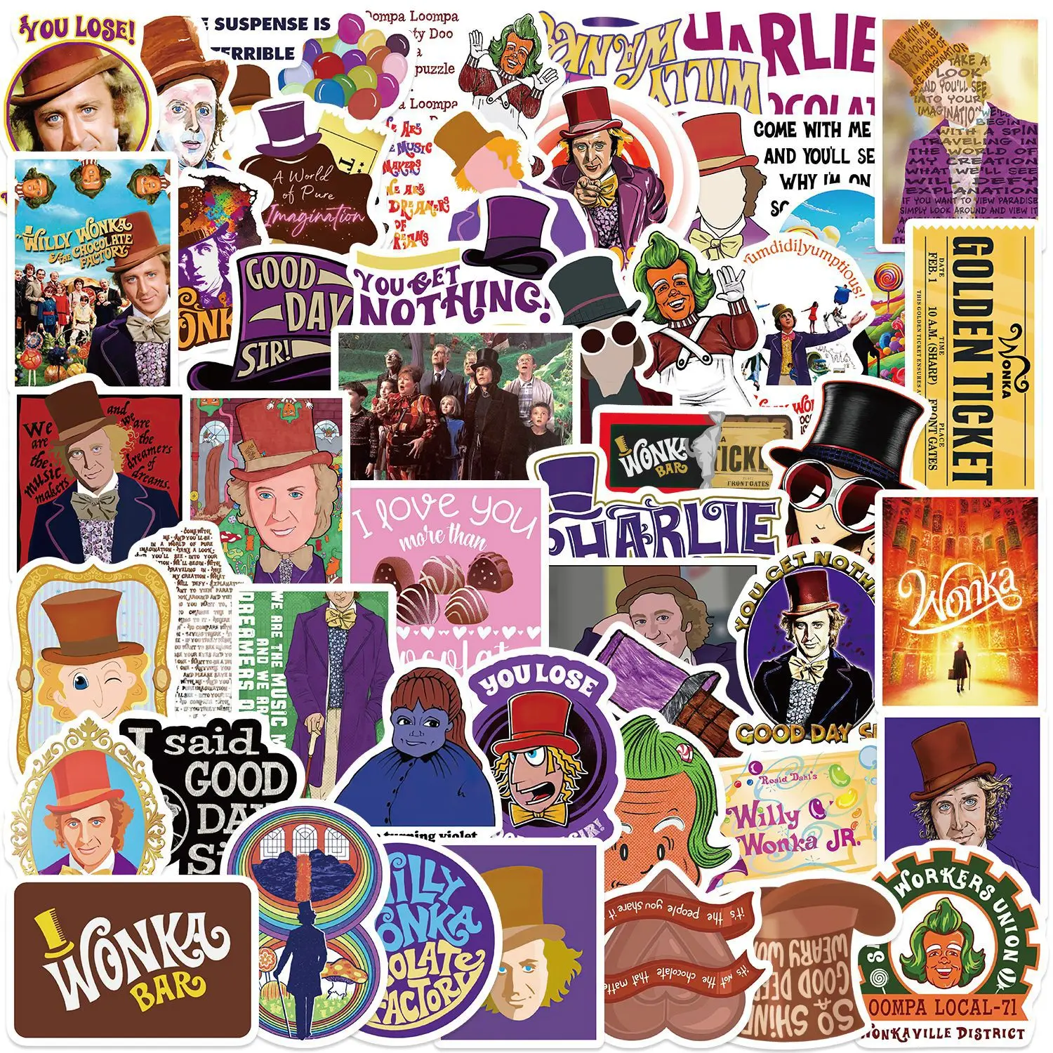 10/30/60 pçs charlie e a fábrica de chocolate adesivo para mala skate portátil bagagem telefone estilo diy decalque pegatina