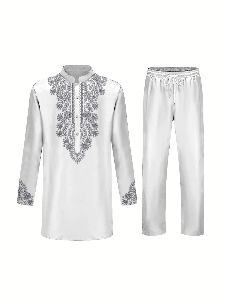 Gorgeous Men's Suit Long Sleeve Blouson Collar Shirt and Trousers Elegant and Noble 3D Printed Two Piece Suit Religious Culture