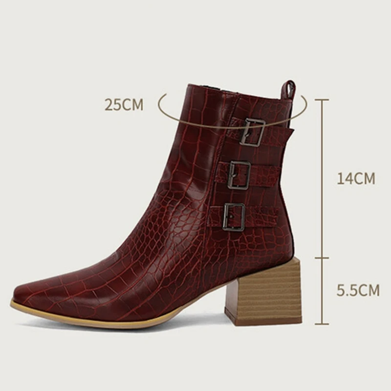 

ORCHA LISA New Women's Ankle Boots Pointed Toe 5.5cm Thick Square Heel Buckle Leather Black Yellow Big Size US17 45-46 48 50