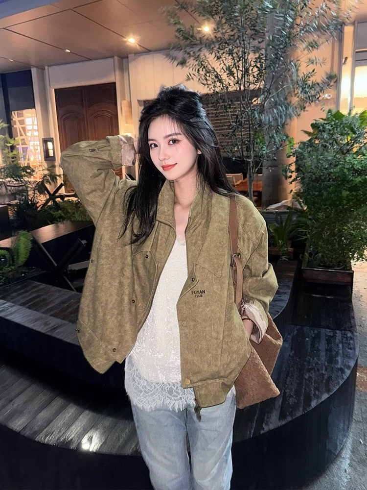 

Женская куртка цвета хаки с отложным воротником, свободного кроя, в винтажном стиле, стройнящая, весна-осень, новинка, короткая верхняя одежда