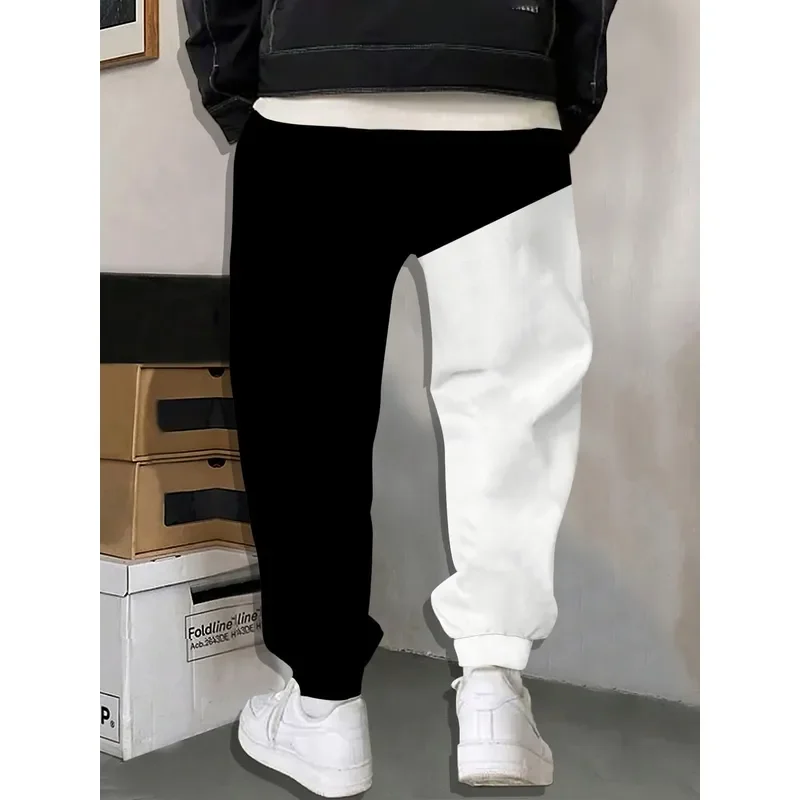 2026 Trendy Asymmetrical Splicing Contrast Color Digital Print Men Sweatpants Elastic Waist Drawstring Ankle Cuff Casual