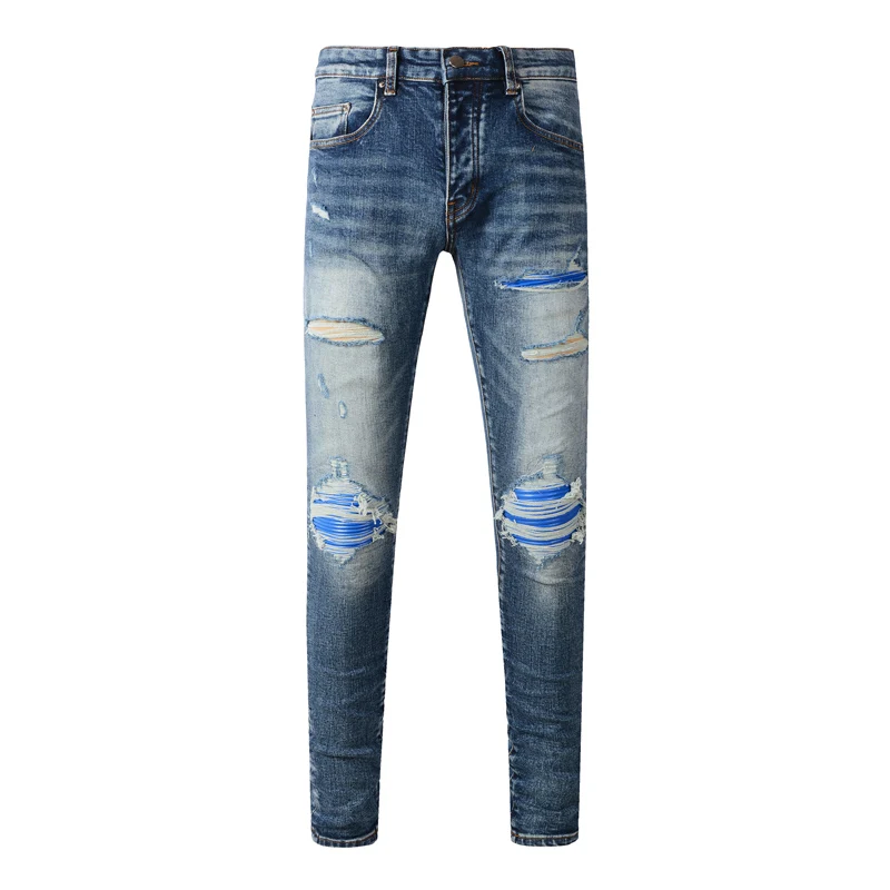 designer street fashionY2K new jeans washed nostalgic stretch slim fit retro perforated blue leather patch blue jeans hip-hop b
