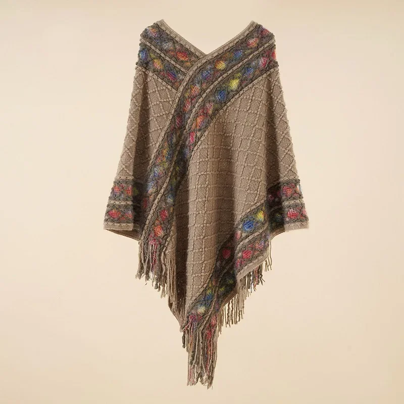 Poncho-Cape de Style Ethnique pour Femme, Pull Everak, Vêtements d'Extérieur, Tourisme, Vacances, Photo, Loisirs, Mode, Gris, Losange, Printemps, Automne, Nouveau