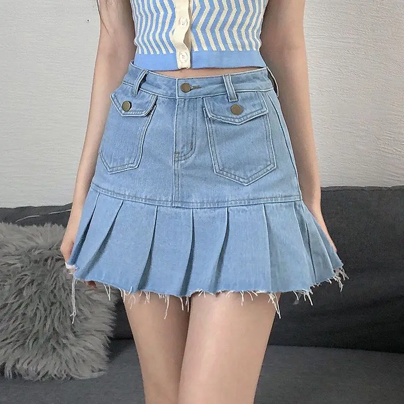 Rok pendek Denim Ruffles tepi kasar pinggang tinggi gaya Preppy kasual ritsleting terbang keselamatan musim panas Streetwear rok Jeans Mini wanita