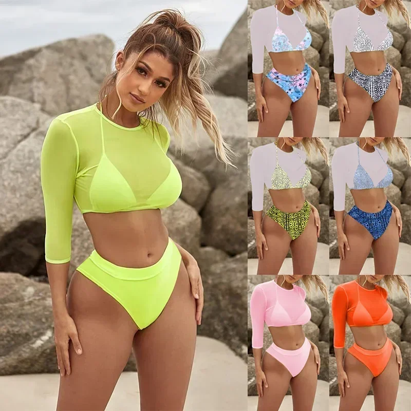 Sexy Neon orange Bikini 2024 Women Long Sleeve Mesh Cover Up 3 Piece Swimsuit High Cut Push Up Bathing Suit high waist Swimwear