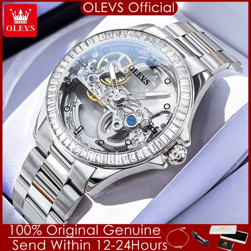 OLEVS 6699 Fully Hollowed Mechanical Watch for Women Luxury Elegant Diamond Bezel Ladies Wristwatch Top Automatic Women's Watch