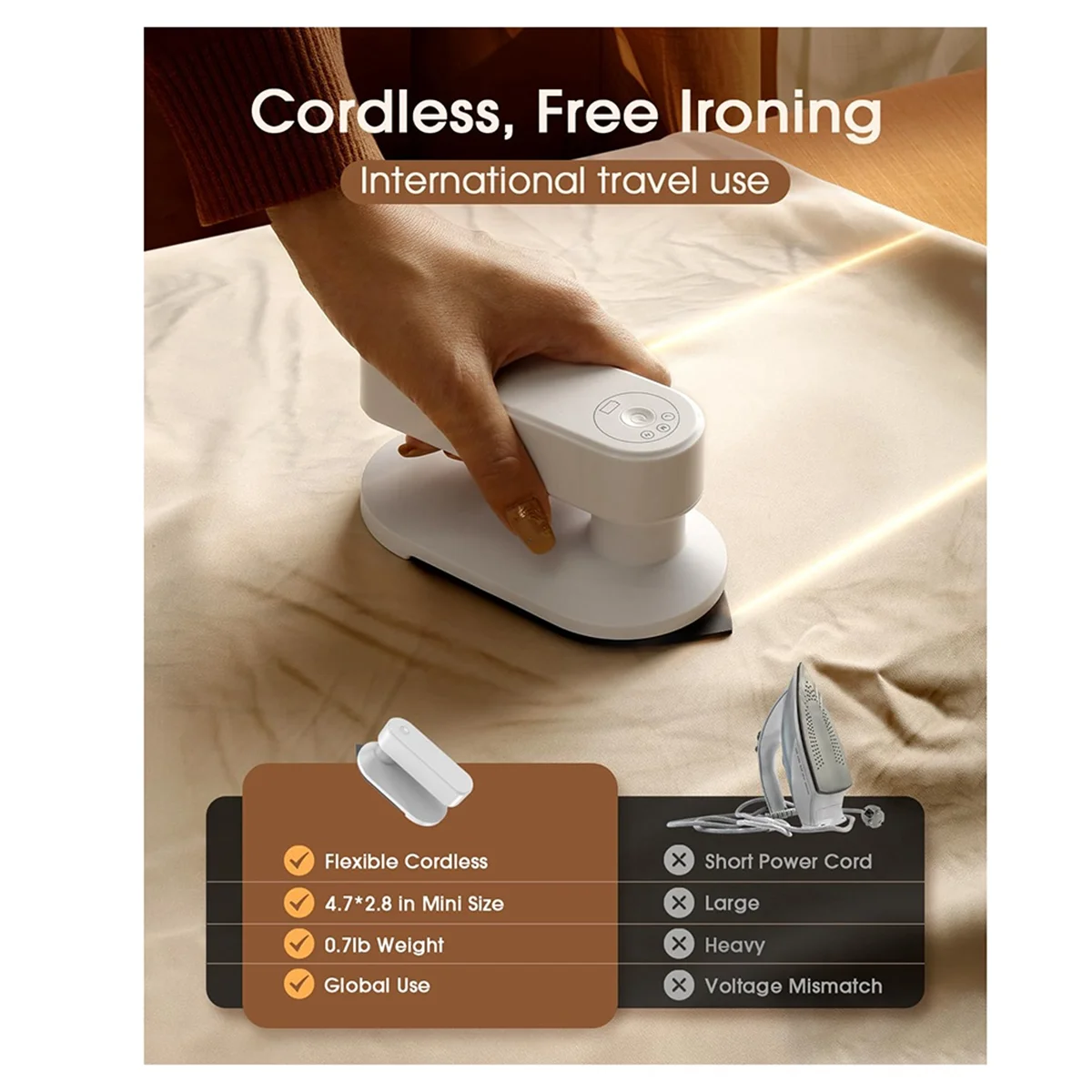 Cordless Travel Iron for Clothes,Mini Size Iron (No Steam),0.7 Lbs Light Weight Portable Iron,with Storage Box,Heat Pads-A07G