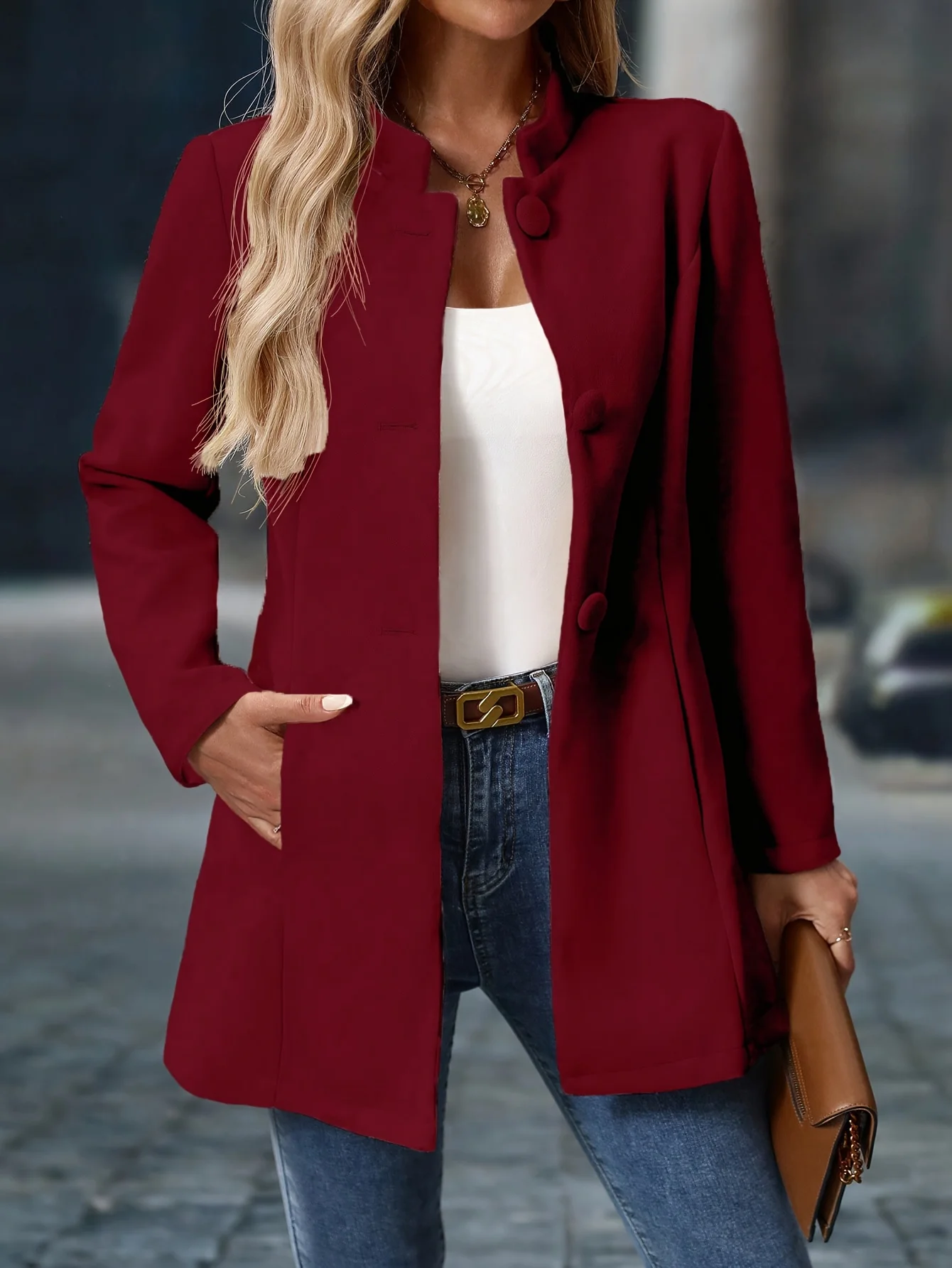 

Женская элегантная и модная однобортная однотонная простая и атмосферная куртка с длинными рукавами и темпераментом